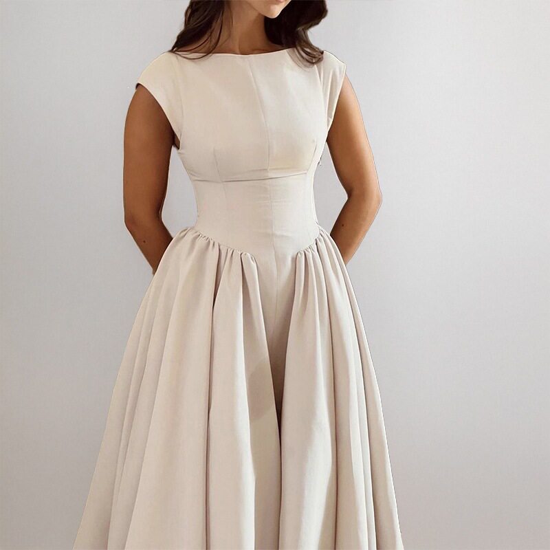 Elegant Sleeveless A Line Dress Solid Color Waist Defined Round Neck Spring Fashion for Women Wholesale Available