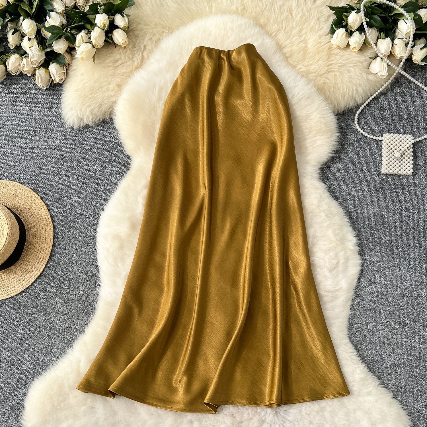 High Waist Satin Midi Skirt for Women A Line Silhouette Elegant Fit Flare Design Perfect for Spring and Summer Wholesale