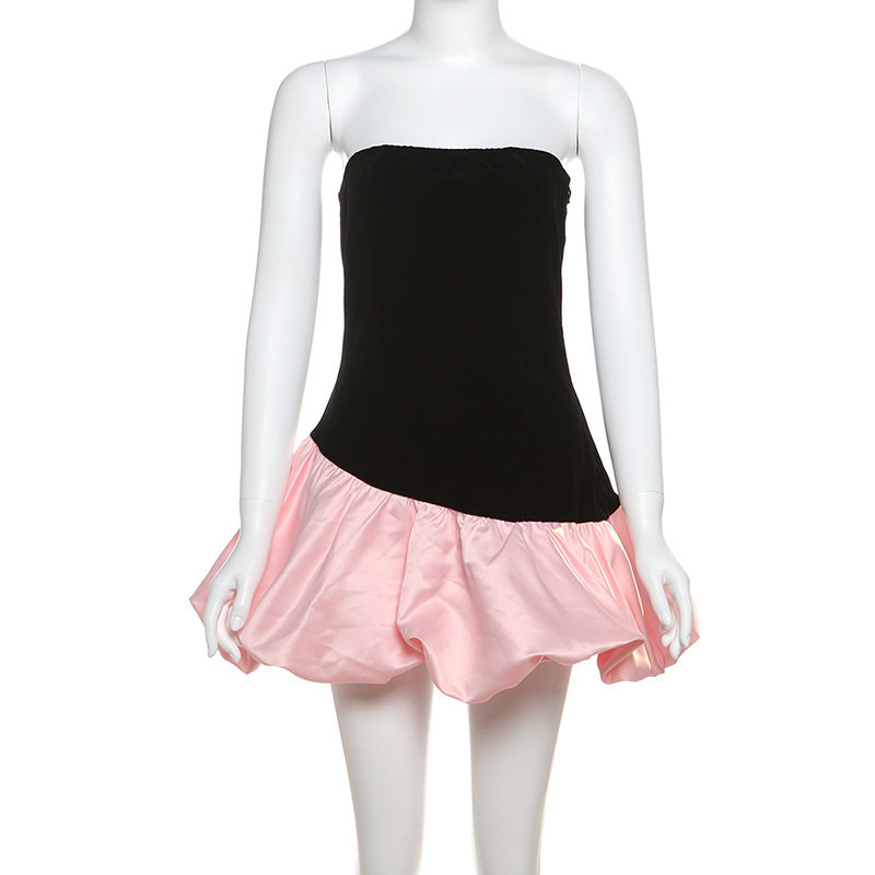 Chic Womens Strapless Color Block A Line Dress Sexy Backless Design Flattering Fit Perfect for Autumn and Winter