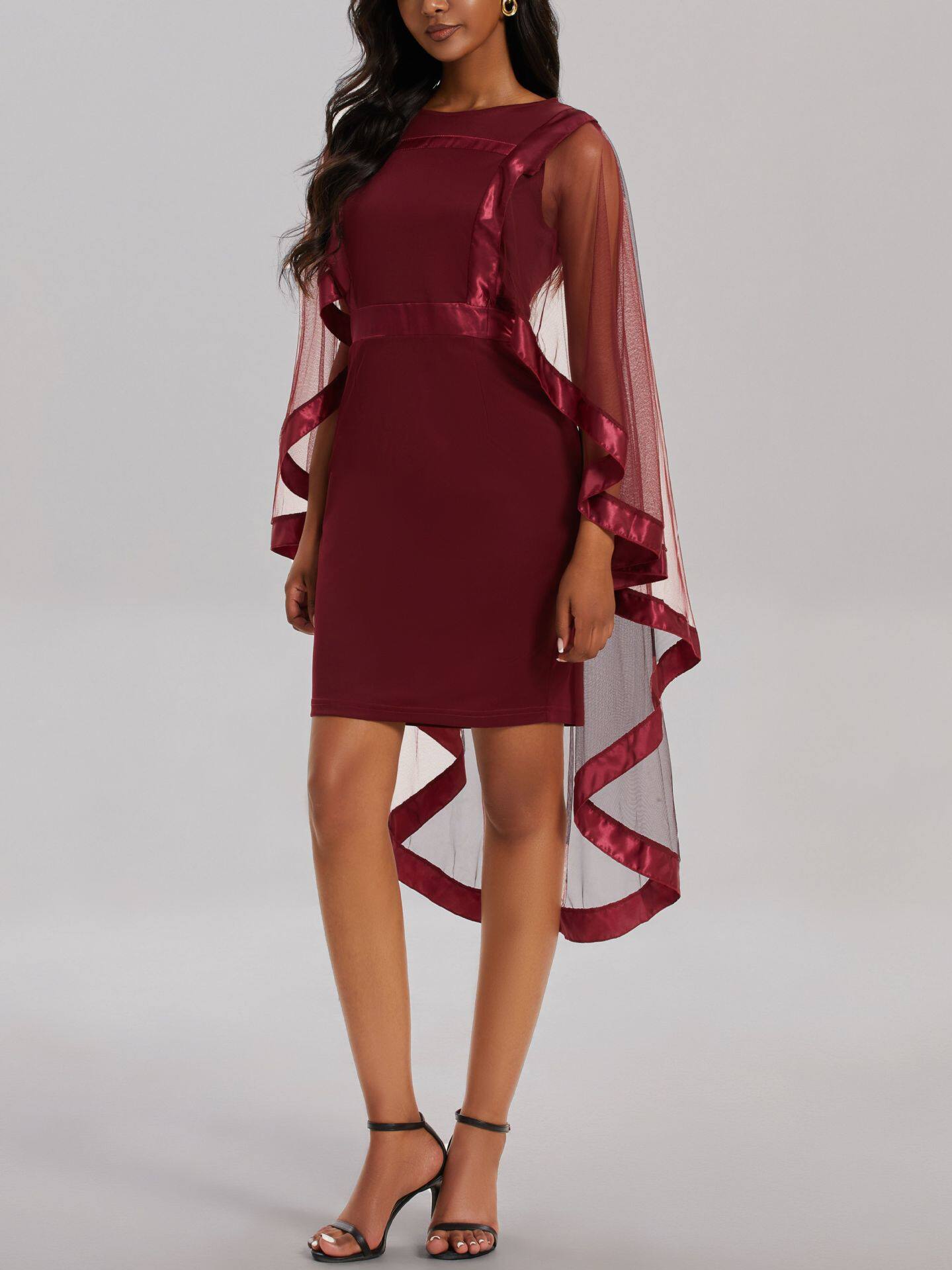 Sheer Mesh Dress Elegant Round Neck Plus Size Solid Color Fashionable Design Perfect for Parties and Special