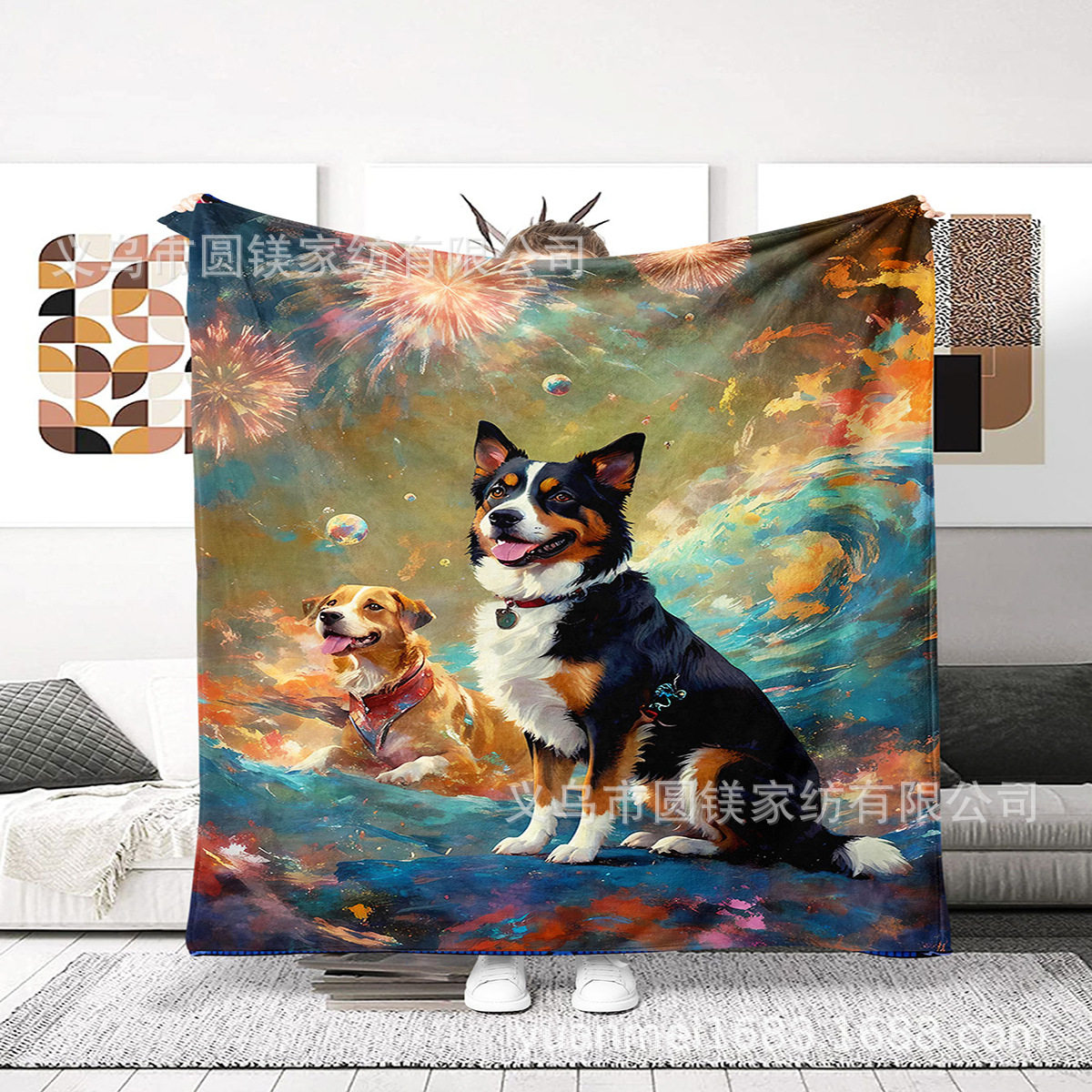 1 x Vintage Country Style Blanket, Animal Dog Digital Print Flannel Soft Comfortable Blanket