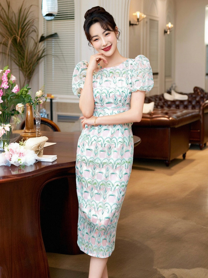Đầm suông midi cổ tròn tay bồng họa tiết hoa phong cách Pháp — [Xanh lá] chi tiết 5