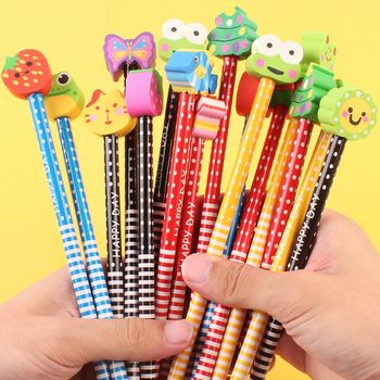 Cartoon Hb Pencil with Eraser Head Set Cute Kidsren Primary School Students Kindergarten School Supplies Stationery Gifts