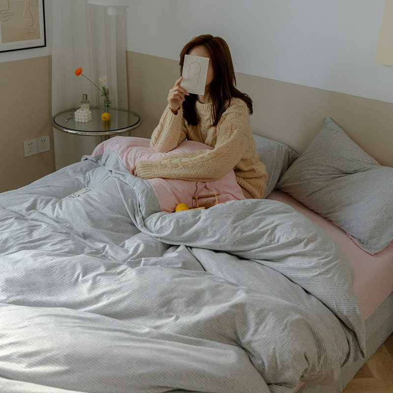 Non-printed cotton baby naked sleeping striped knitted cotton set bedding good pure cotton Tianzhu cotton three four-piece set