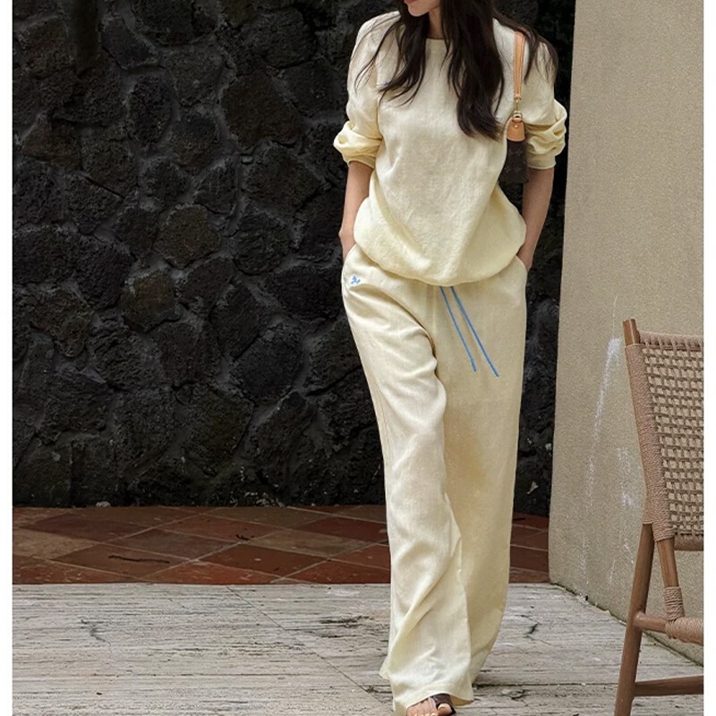 Set đôi áo dài tay phối quần short hoặc quần dài, chất vải lanh thoáng mát — Quần short màu hồng, Quần short trắng ánh trăng, Áo màu hồng, Áo trắng ánh trăng