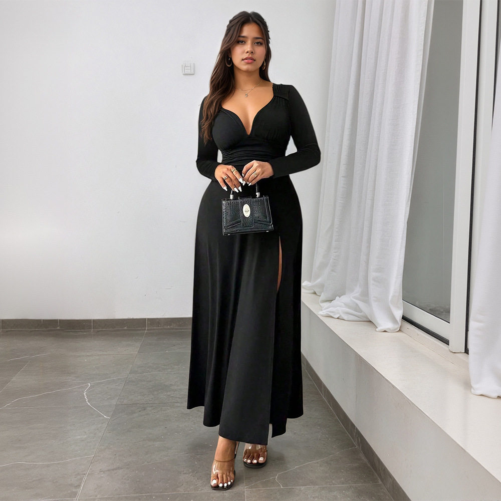 Vintage Deep V Neck Long Sleeve Black Maxi Dress Slim Fit Waist Defining Elegant Style Perfect for Formal Events