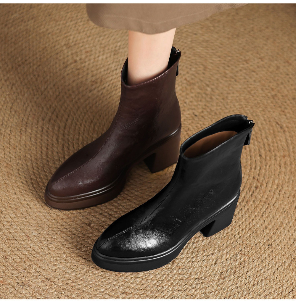 Boot nữ da bò gót thô 9,5cm cổ ngắn khóa kéo sau — Lớp lót đơn màu đen, Lớp lót đơn màu nâu đậm, Lót nhung đen, Lót nhung màu nâu đậm