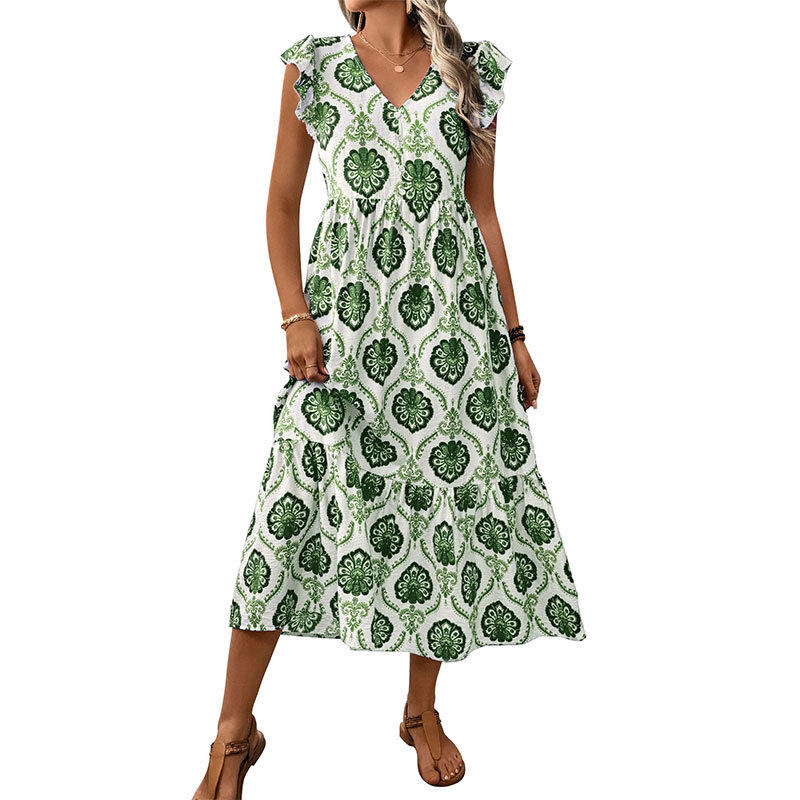 Vintage Inspired Geometric Print Sleeveless Ruffle Dress Unique Design Trendy Style Perfect for Summer Events