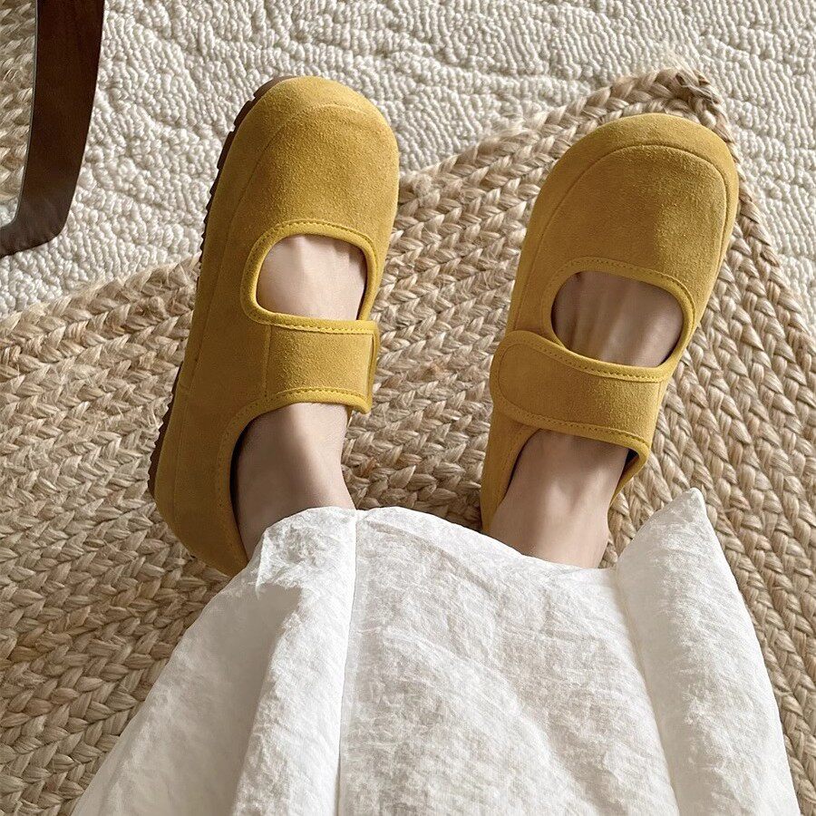 Zhike/ женская обувь Birkenstocks в стиле ретро матового желтого цвета; коллекция весна 2025 года; женские туфли с открытым носком на мягкой подошве в горошек; туфли на плоской подошве Изображение 1