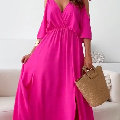 Sleeveless V Neck A Line Dress Solid Color Sexy Waist Defined Short Sleeve Casual Summer Wear Wholesale Available