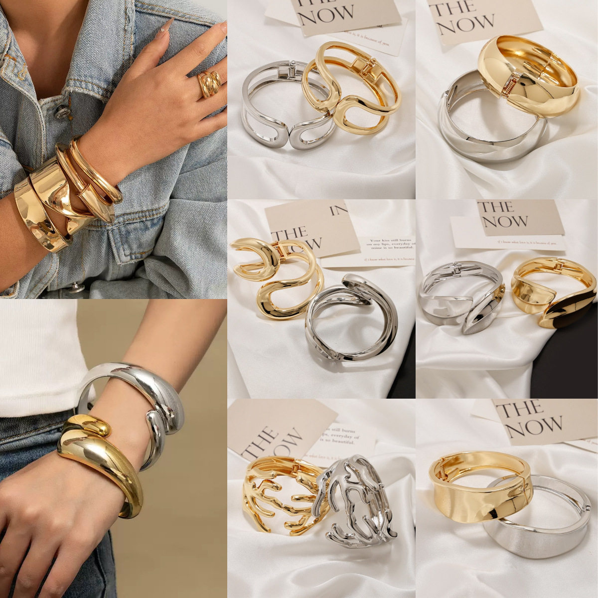 New European and American Popular Exaggerated Wide-Brimmed Alloy Bracelet Fashionable Personalized Bracelet Hammer Pattern Brushed Spring Buckle Bracelet