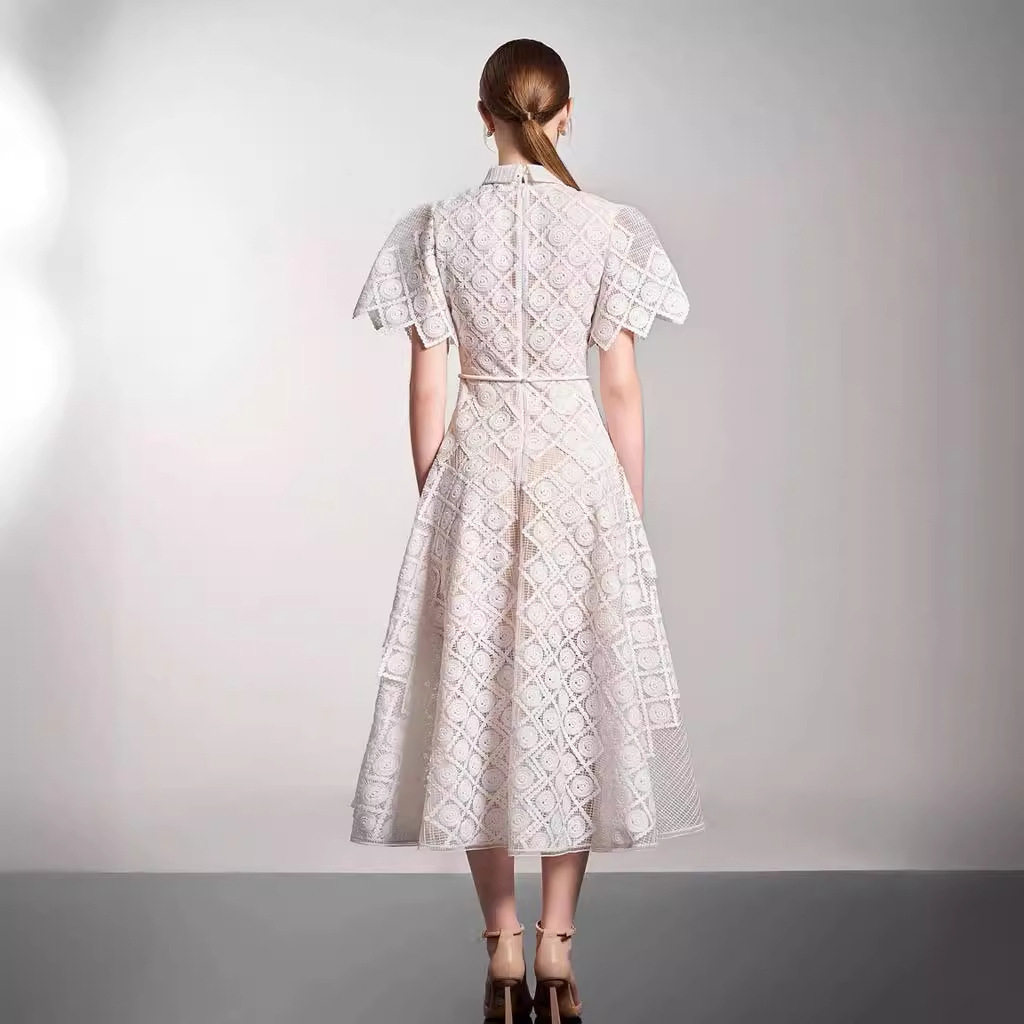 Đầm maxi nữ thêu ren cổ polo tay ngắn cạp cao midi — Màu như ảnh