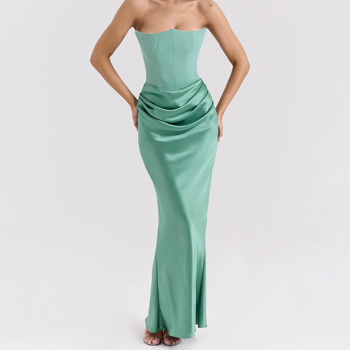 Multi Color Strapless Bodycon Jumpsuit Ruched Design Boned Structure Long Length Perfect for Parties and Events