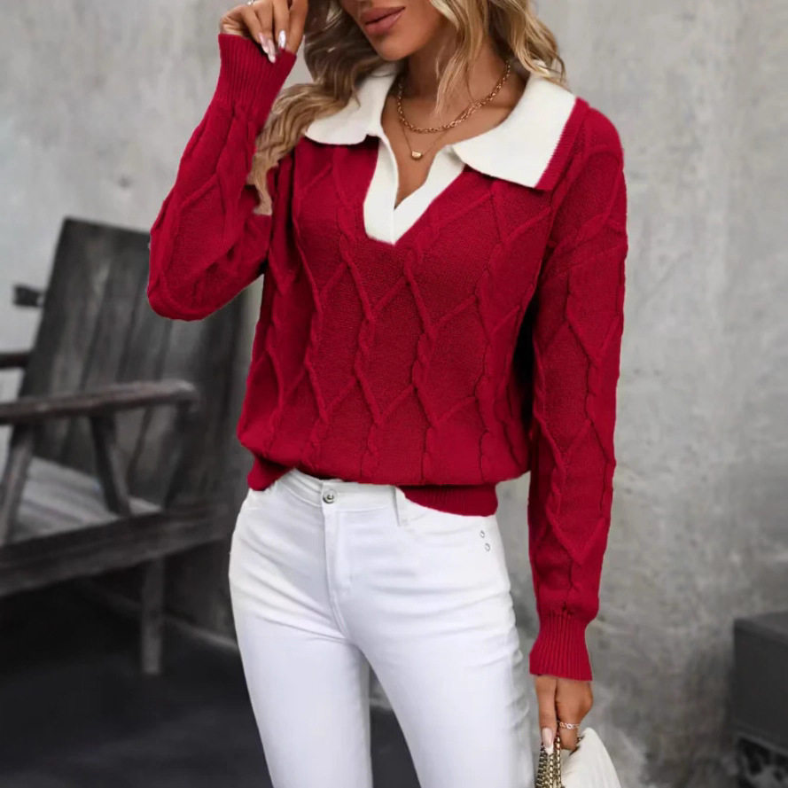 Elegant Womens Color Block Knit Sweater Long Sleeve Lapel Collar Autumn Winter Style Wholesale Available