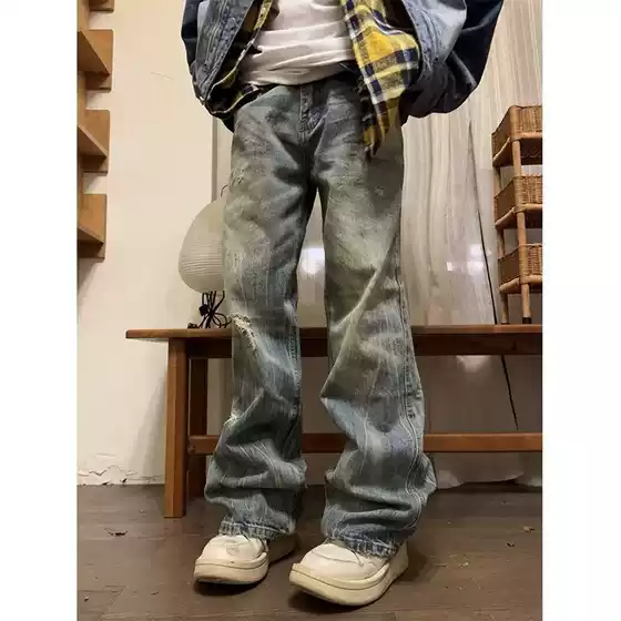 Washed Old Jeans American Style Retro Loose Wide-leg Straight Pants