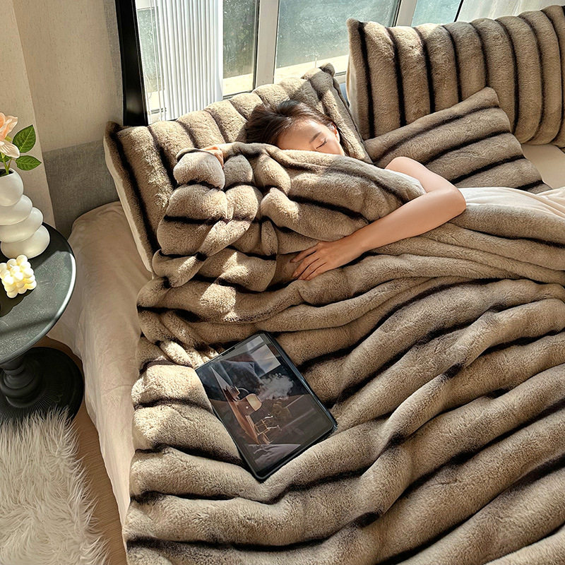 Four-piece set autumn and winter high-end feeling thickened milk velvet rabbit plush type a bed hat 4-piece set Nantong fleece-lined set