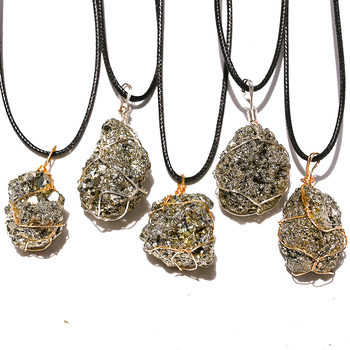 Cross-border natural crystal pyrite raw stone winding pendant copper wire winding fool gold stone chalcopyrite titanium necklace