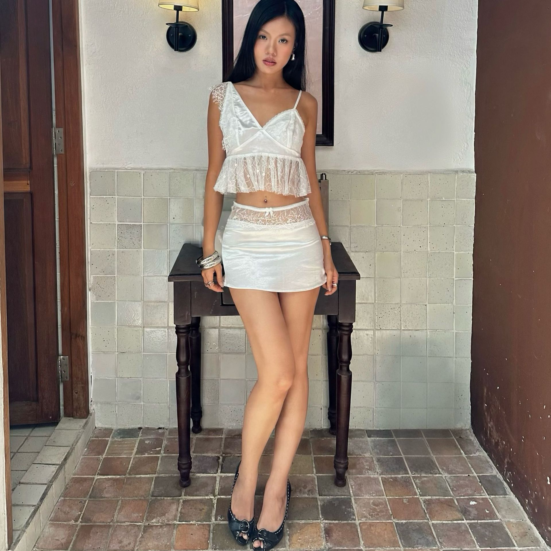 French Style Lace Trimmed Cami Top and Bodycon Skirt Set Summer Collection Elegant Casual Wear Wholesale Available