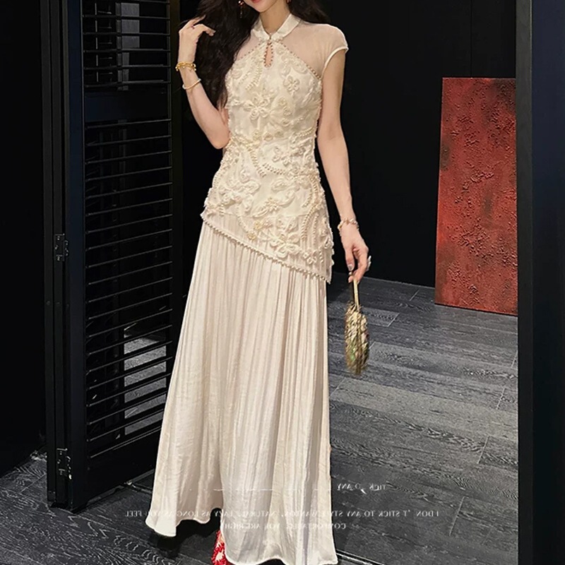 Đầm dáng suông nữ cổ sườn xám phối màu thanh lịch — Hồng đào, Mễ Hạnh, Xanh rêu đậm