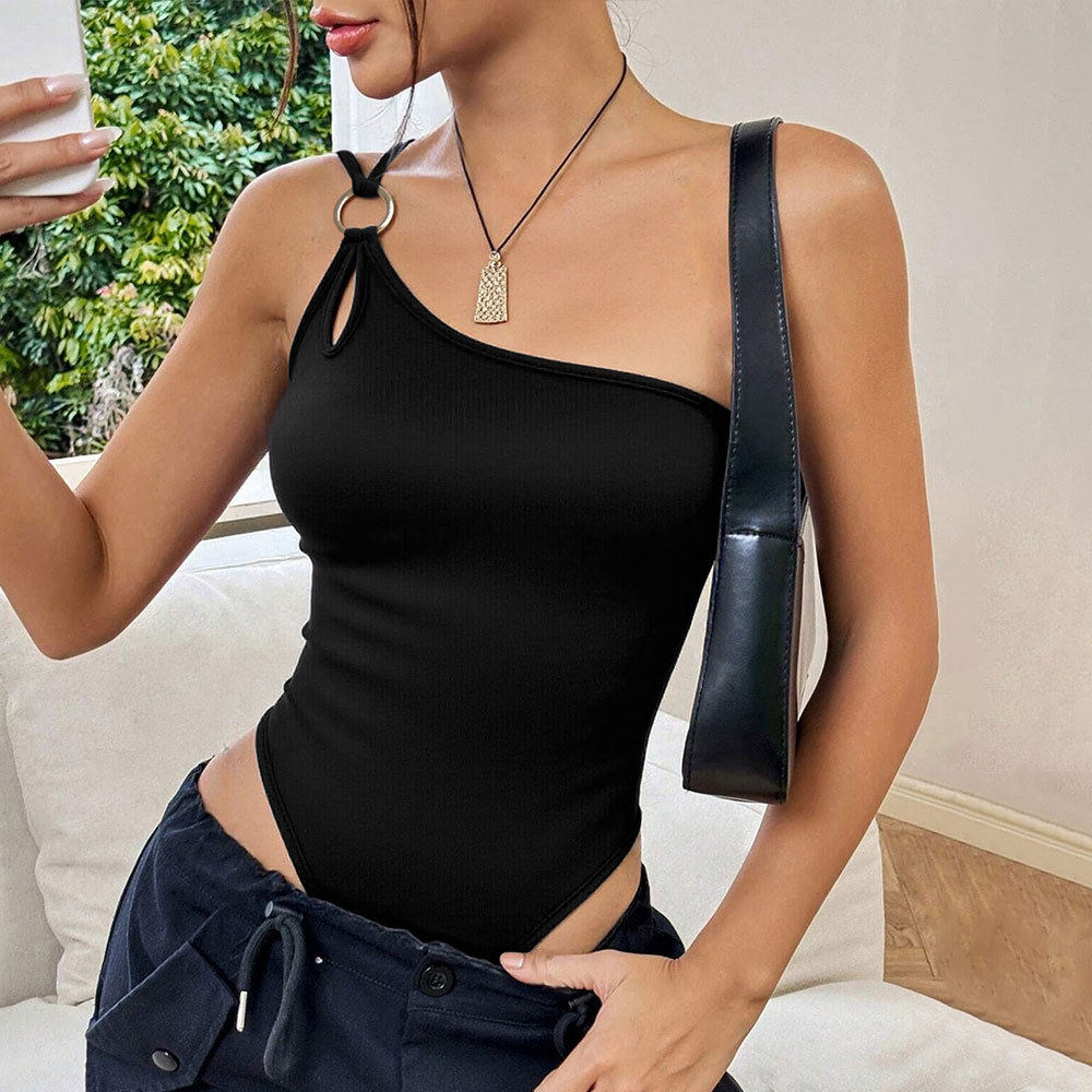 Womens One Shoulder Bodysuit Solid Color Metal Accents Hollow Design Sexy Fitted Top for Parties Wholesale