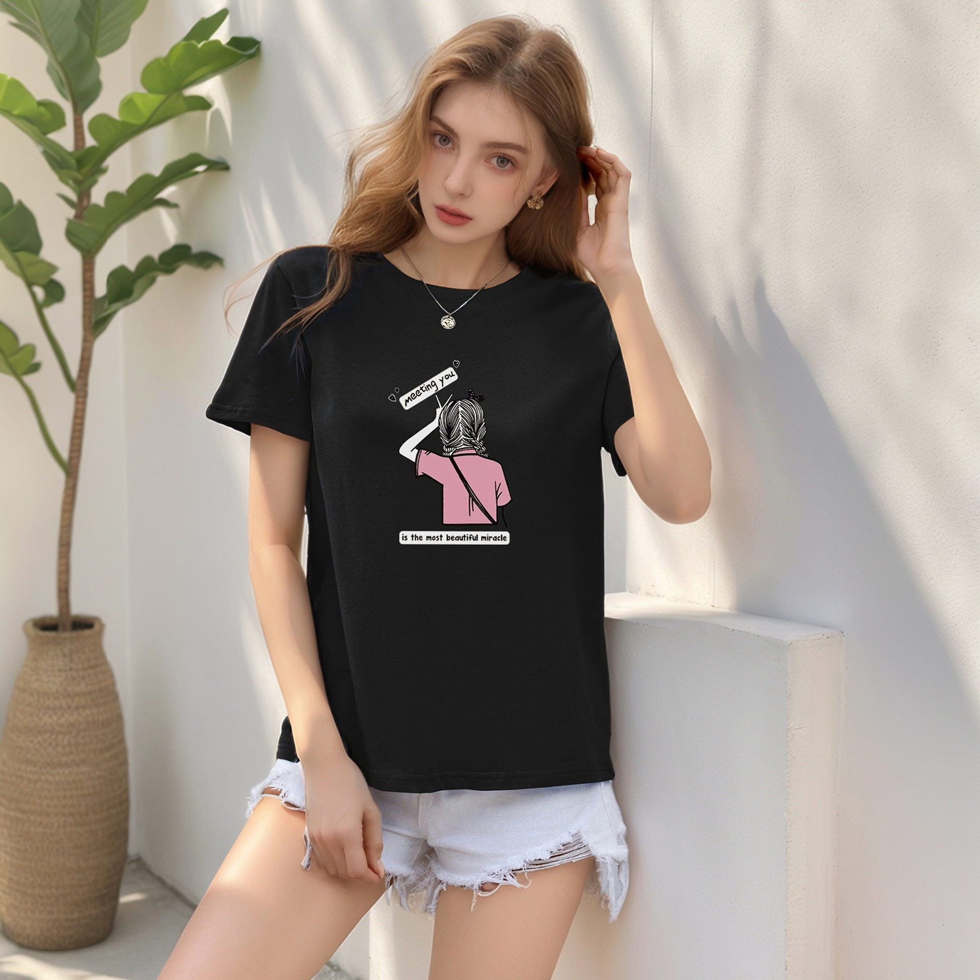 Loose Fit Cartoon Print T Shirt Round Neck Cute Design Casual Style Perfect for Girls Wholesale Available