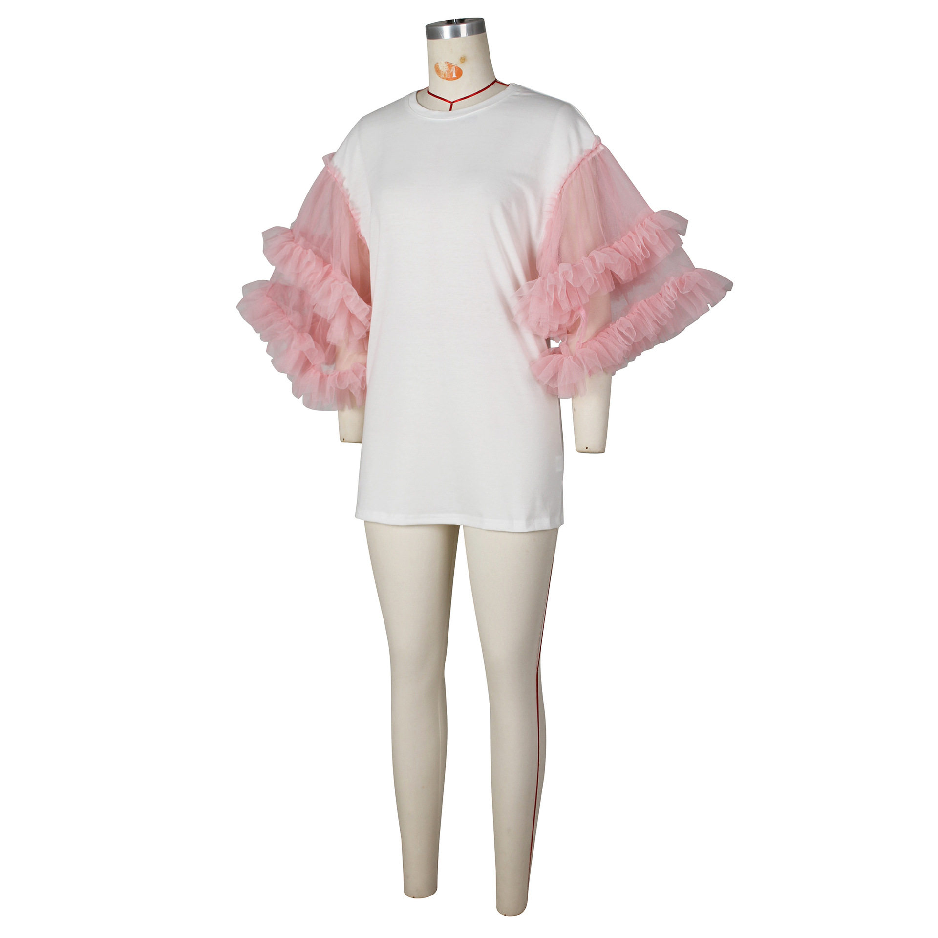 2023夏季新款欧美女装时尚休闲宽松拼接网纱袖纯色T恤裙跨境电商