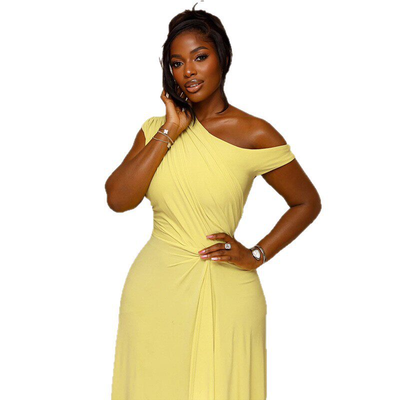 A Line Dress Solid Color Ruffled Design Asymmetrical Neckline Casual Style Perfect for Outings Wholesale Available