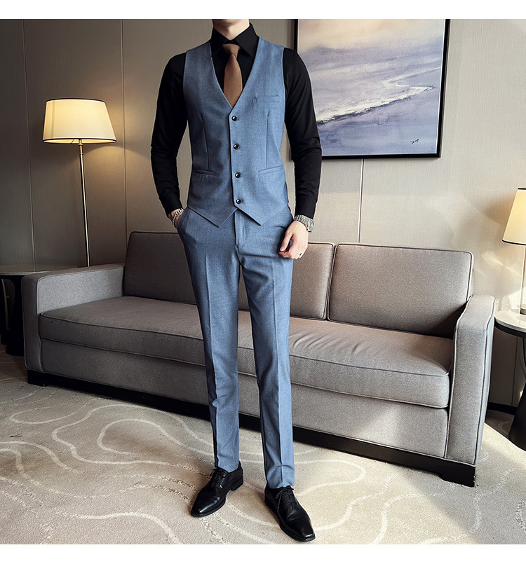 Bộ com-lê nam ba mảnh dáng ôm, áo vest một hàng khuy phong cách công sở — Màu xám (áo một nút + áo vest + quần), Màu xanh (áo một nút + áo vest + quần), Màu đen (áo một nút + áo vest + quần), Màu xanh navy (áo một nút + vest + quần)