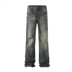 Jiayiku Men's American Style High Street Vintage Ripped Personality Vibe Micro-La Jeans Men's and Women's Straight Trendy Brand Pants