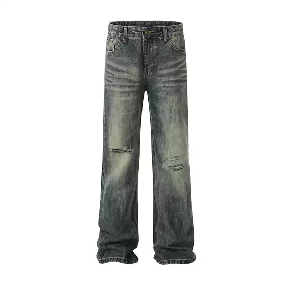 Jiayiku Men's American Style High Street Vintage Ripped Personality Vibe Micro-La Jeans Men's and Women's Straight Trendy Brand Pants