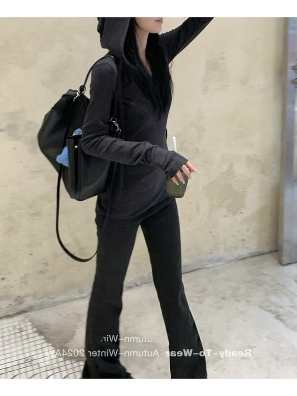 SUN11 Knitted Casual suit Women's Autumn Hooded Pullover Sweater Slight Slim Flared Pants Two-piece Set