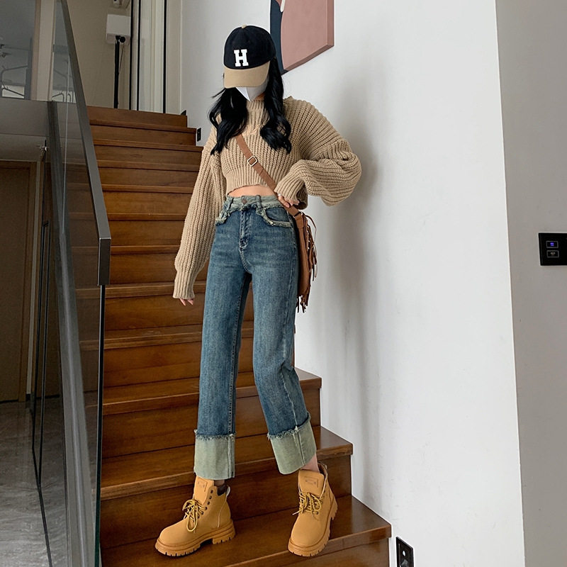High Waisted Vintage Frayed Cigarette Jeans for Women Versatile Straight Leg Unique Design Spring Autumn Wholesale