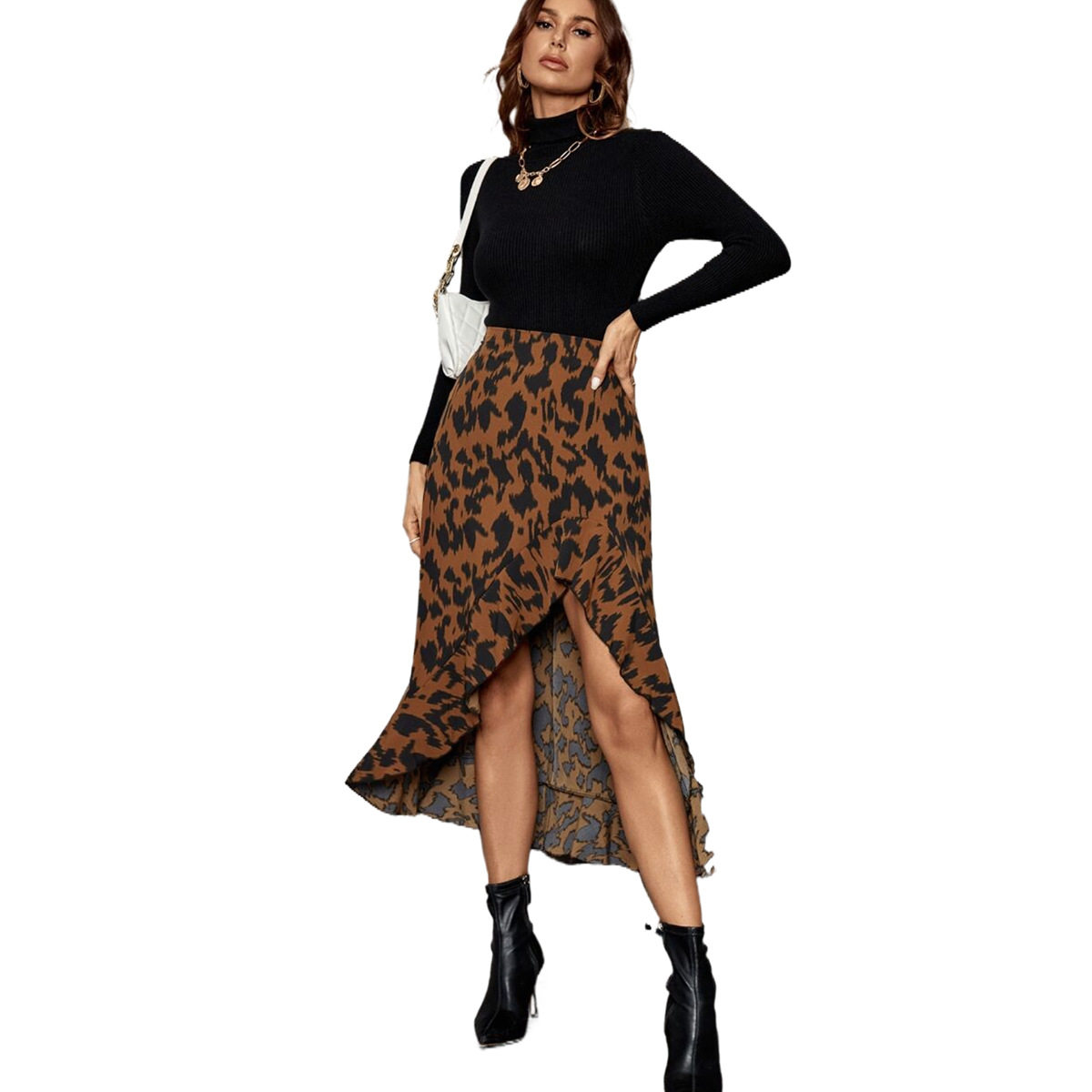 French Style Leopard Print Midi Skirt High Waist Slim Fit Elegant Design Perfect for Casual or Formal Occasions