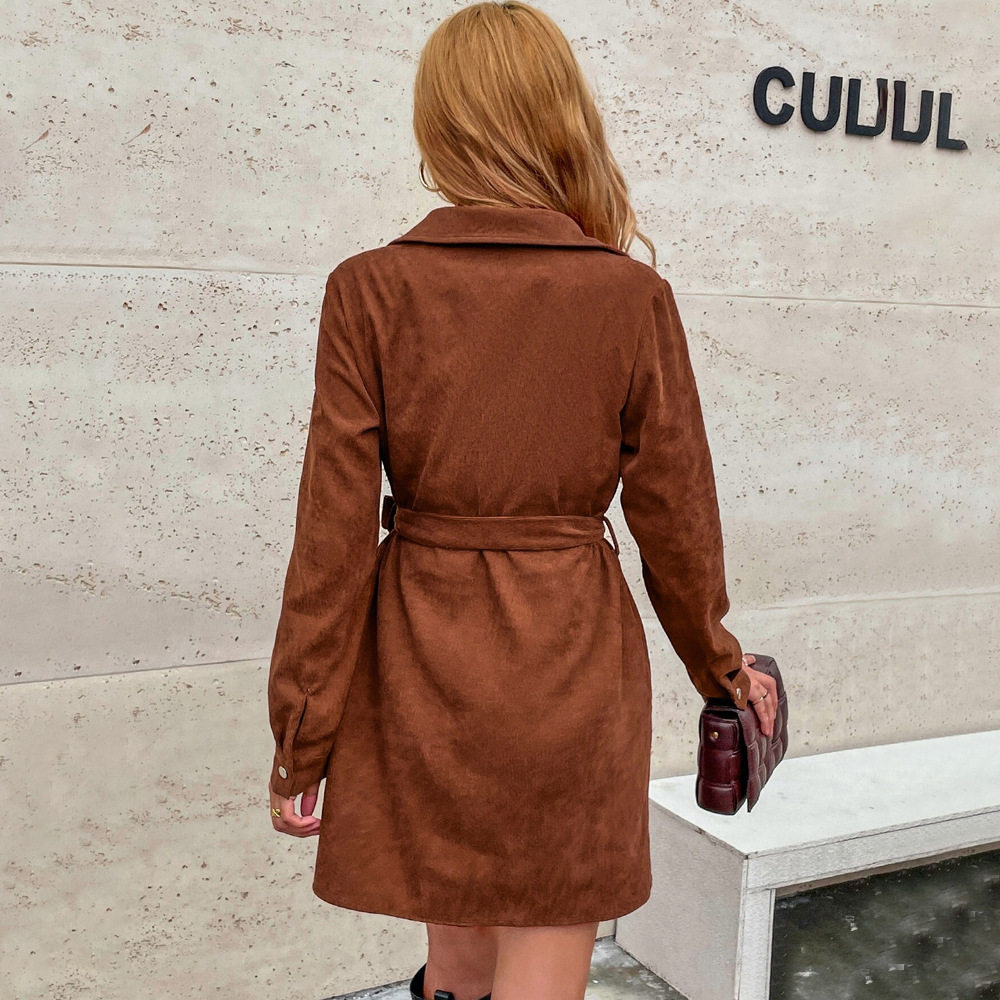 Corduroy Long Sleeve Shirt Dress Button Front Belted Loose Fit Spring Summer Casual Wear Wholesale Available
