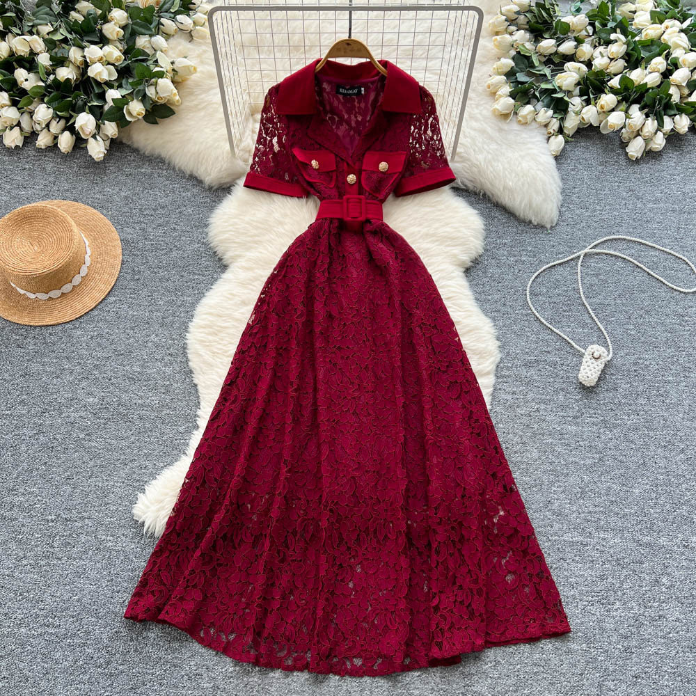 Elegant French Style Short Sleeve Dress for Women Lace Belted Flared Skirt Summer Occasion Wholesale Available