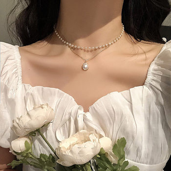 South Korea ins Super fairy niche double-layer pearl pendant necklace women's simple temperament choker necklace clavicle chain fashion