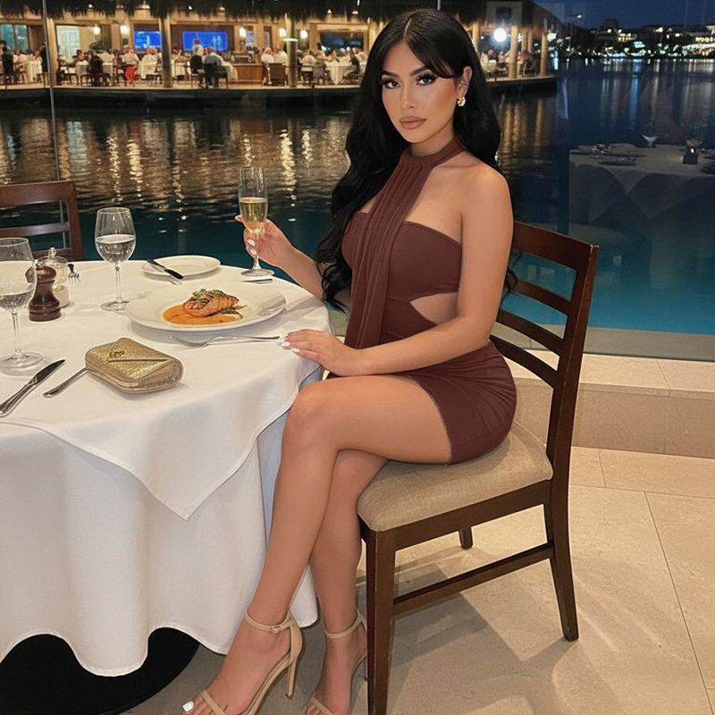 Bodycon Halter Mini Dress Slim Fit Solid Color Sexy Style Perfect for Parties and Night Out Wholesale Available
