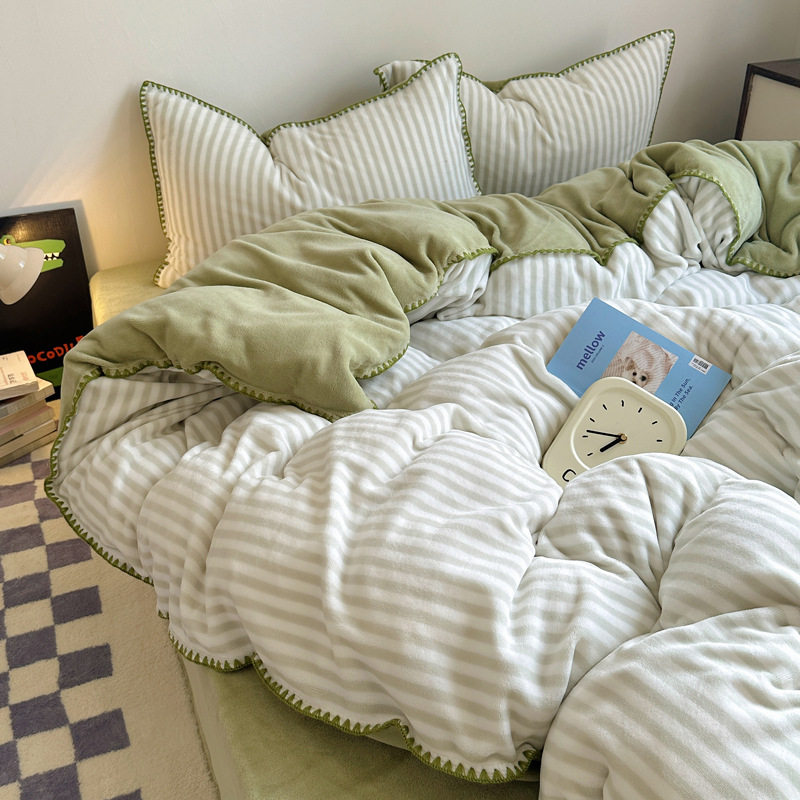 Soft Fufu Autumn and Winter Unprinted Milk Velvet Four-Piece Set Double-Sided Thickeneded Warm Coral Velvet Bed Bed Sheets Quilt Cover Three-Piece Set