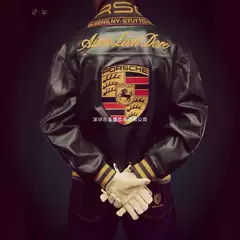 Porsche Racing Jacket Co-Branded with James Car Motorcycle Heavy Micro-Badge Embroidered Men's and Women's Retro Leather Jacket