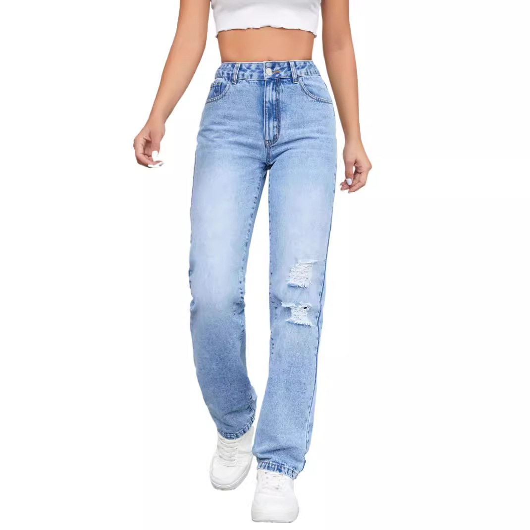 High Waisted Loose Fit Distressed Straight Leg Jeans Casual Style Perfect for Everyday Wear Wholesale Available