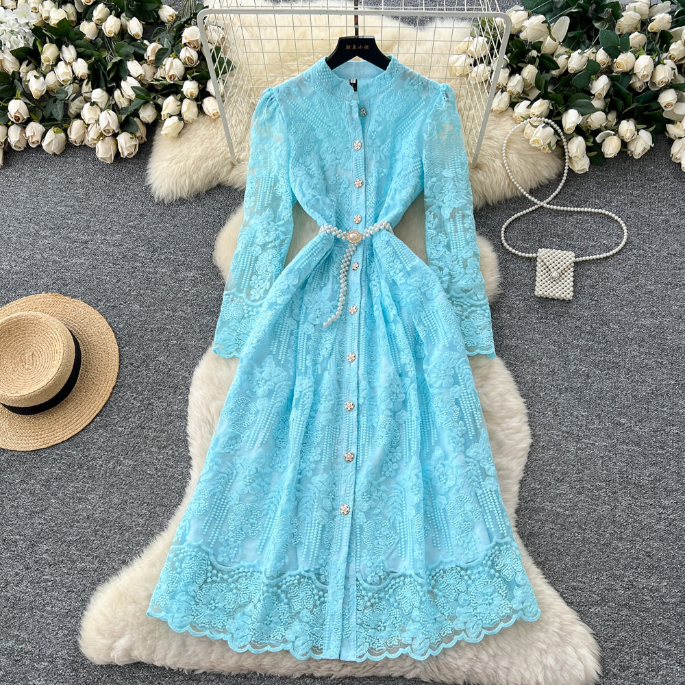 Elegant French High End Womens Dress Embroidered Button Down Waist Tie Long Mesh Skirt Autumn Collection