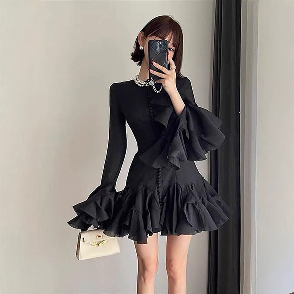 Đầm maxi nữ thắt eo tay dài cổ tròn chất liệu polyester — Đen, Hồng, Đỏ chi tiết 5