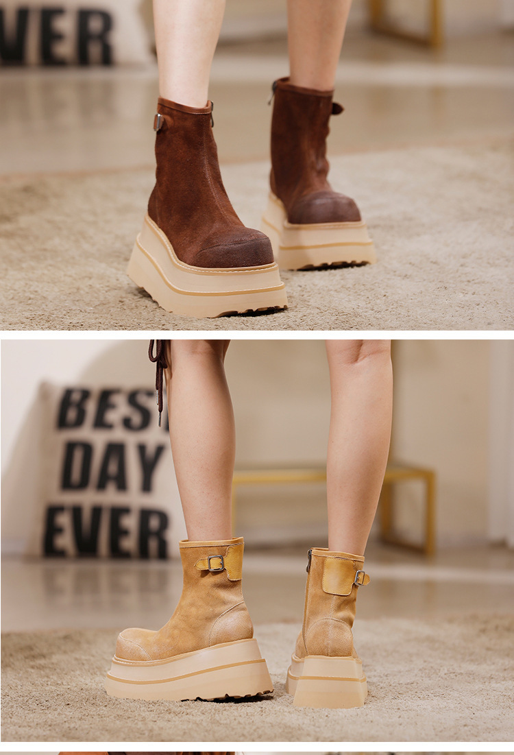 Boot nữ cổ ngắn da bò thật đế dày tăng chiều cao, thiết kế cá tính nhẹ nhàng — màu, màu cà phê