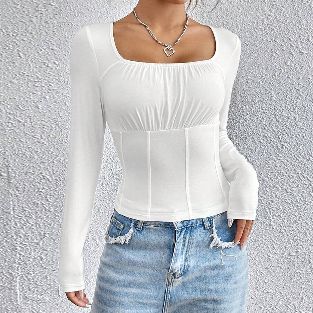 Slim Fit Long Sleeve T Shirt Square Neck Solid Color Casual Style Spring Summer Collection Wholesale Available