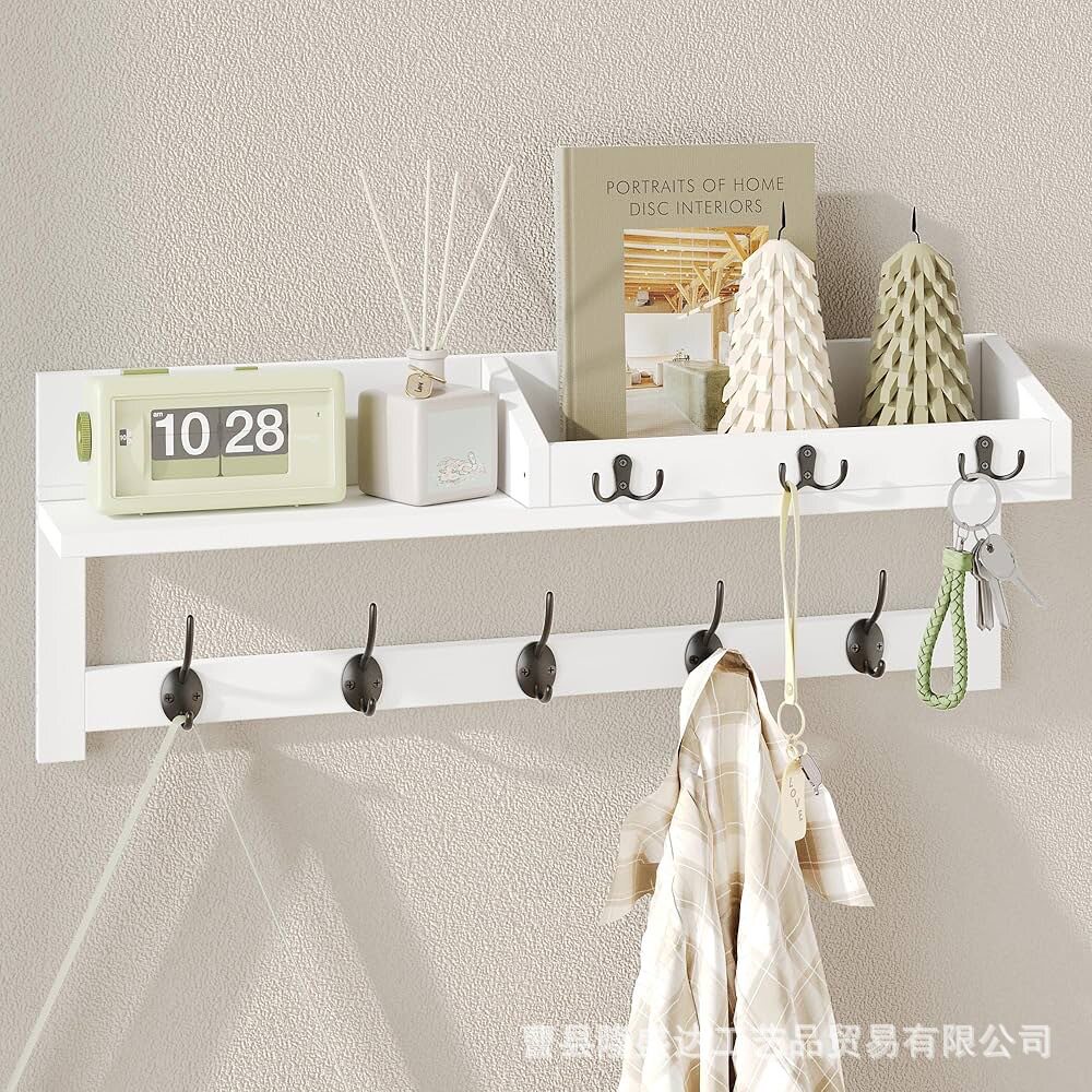 White Storage Rack Entrance Wall Storage Rack with Hook Decorative Rack Key Storage Coat Rack Solid Wood Finishing Rack