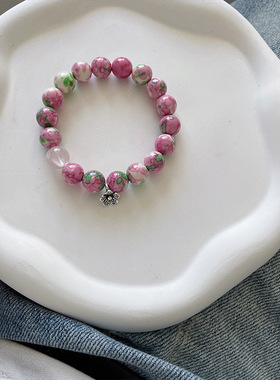 【红雨桃花坠】原创设计粉绿色雨彩红绿石手串文艺小众级感手链