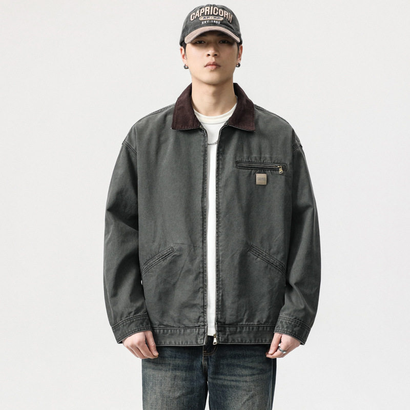 Áo Khoác Bomber Nam Vải Canvas Cổ Lã Ve Màu Xám