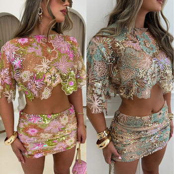 Gy26100 Embroidered Sequin Heavy-Duty Party Dress Set 2025 New Product