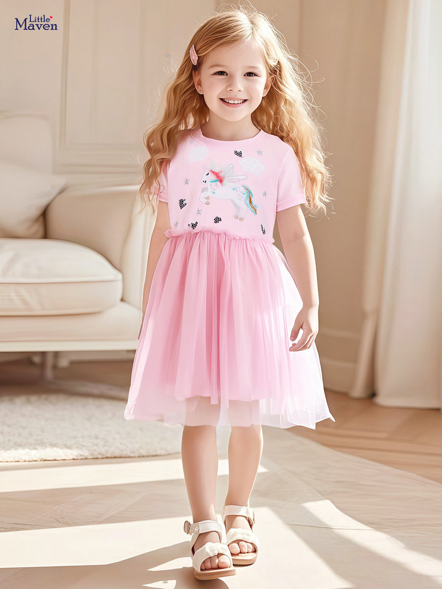 Girls' Tulle Princess Dress, Summer Cotton Short-sleeve Kids' Dress, Cute Kids' Dress