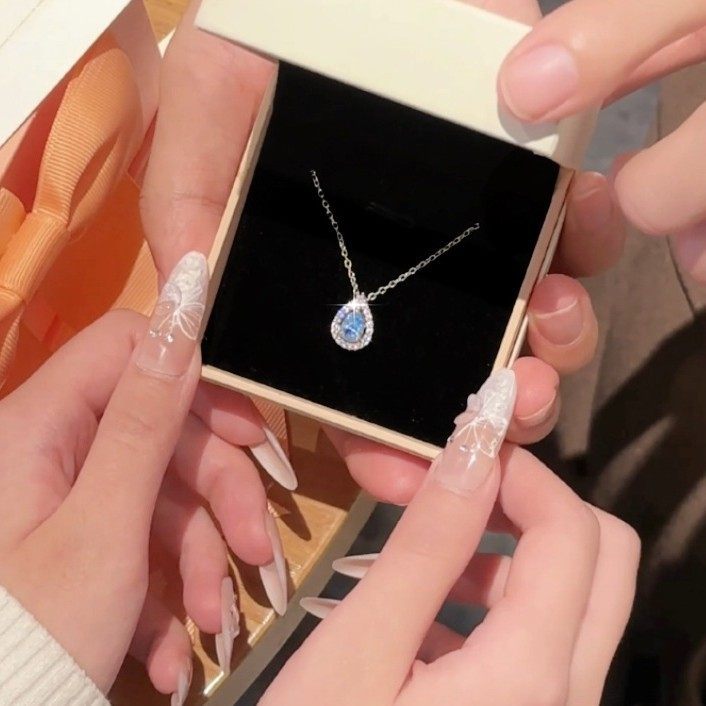 Fanjia White Copper Necklace with Logo Blue Tears Necklace Water Drop Niche Simple Clavicle Chain Fashion Gift for Girlfriend Birthday